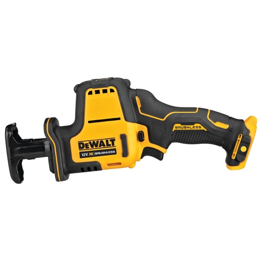 DEWALT DCS312NT 12V brushless reciprocating saw, yellow and black, side view against white background.