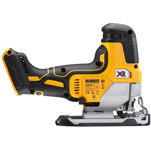 DEWALT DCS335N cordless jigsaw, yellow and black, side view, without battery.