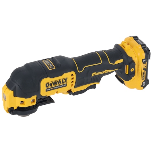 A DEWALT 12V brushless cordless multi-tool, model DCS353D2, featuring a yellow and black design with a battery attached.