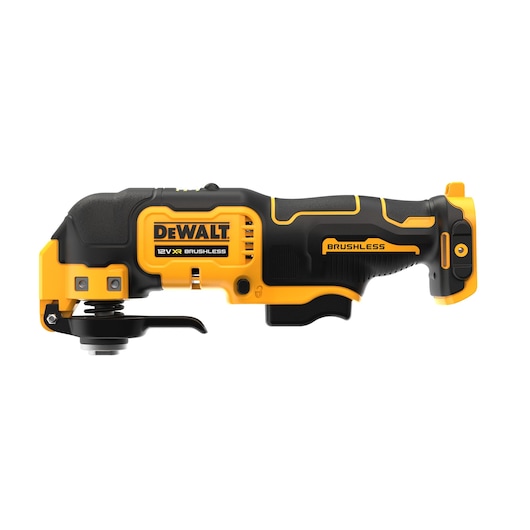 A DEWALT 12V XR brushless cordless oscillating multi-tool with a black and yellow design, shown in a side profile view.