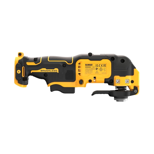 A DEWALT DCS353NT cordless brushless oscillating multi-tool in yellow and black, shown from the side on a white background.