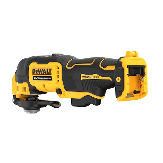 A DEWALT 12V XR brushless oscillating multi-tool, shown in black and yellow with a compact design. The tool has a side attachment for accessories and a battery compartment at the end.