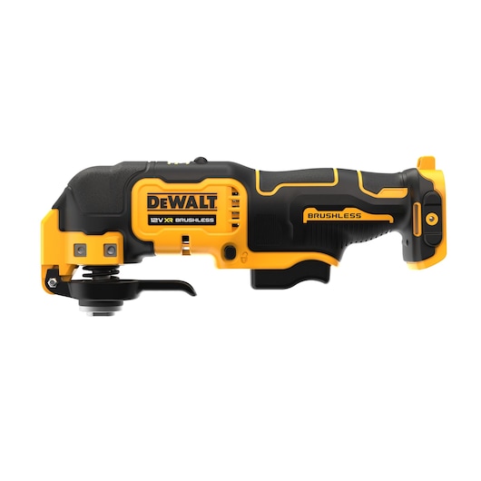 Side view of a DEWALT 12V XR brushless oscillating multi-tool, featuring a yellow and black design and brushless motor technology.