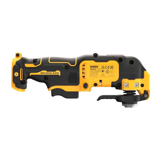 Side view of a DEWALT DCS353N brushless cordless oscillating multi-tool, featuring a yellow and black design with a visible label and tool head.