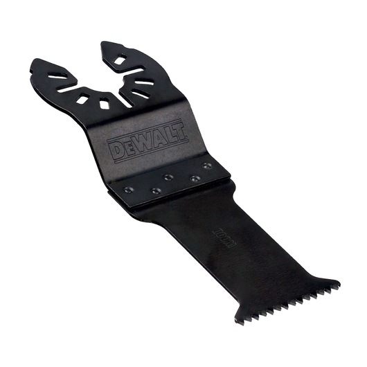 Close-up image of a DEWALT oscillating multi-tool blade attachment. The blade is black with the DEWALT logo engraved on it.