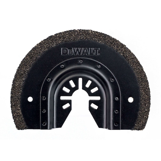 A DEWALT branded semi-circular oscillating multi-tool blade attachment with a rough, textured cutting edge, designed for making cuts or sanding in construction and renovation tasks.