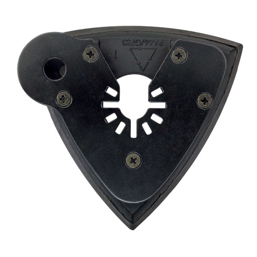 Triangular DEWALT DCS355M2 accessory pad with screw holes for oscillating multi-tool attachment.