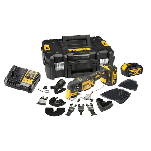 DEWALT cordless multi-tool kit with accessories, showing a black and yellow multi-tool, two batteries, a charger, sanding pads, various blades, and a sturdy black toolbox.