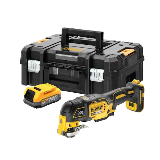 DEWALT cordless oscillating multi-tool kit, including a black and yellow multi-tool, a POWERSTACK 18V battery, and a durable black carrying case.