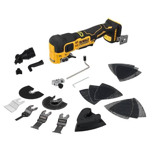 DEWALT cordless multi-tool kit with tool, various blades, sanding pads, and attachments shown on white background.