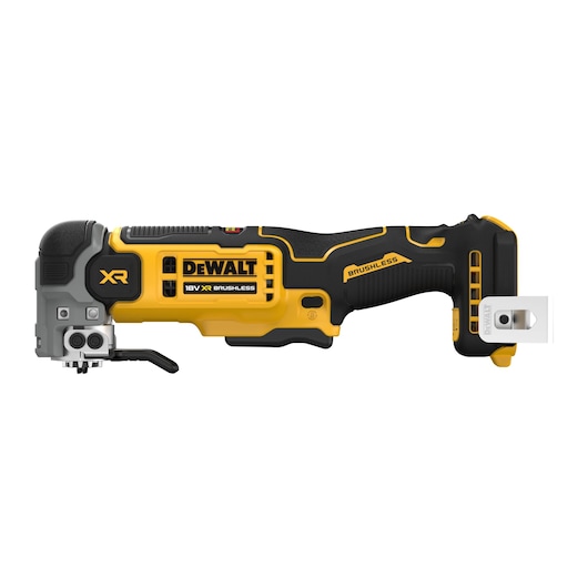 DEWALT 18V XR Brushless cordless power tool in yellow and black, shown side view with attachment.