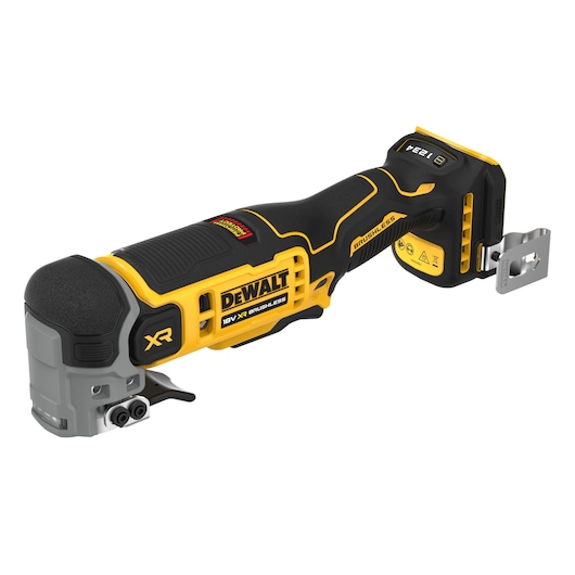 DEWALT 18V XR brushless oscillating multi-tool with ergonomic grip and yellow-black design, displayed on white.