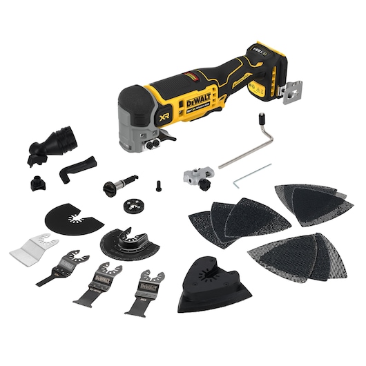 DEWALT DCS359NT oscillating multi-tool set with multiple blades, sanding pads, and accessories, front angle.