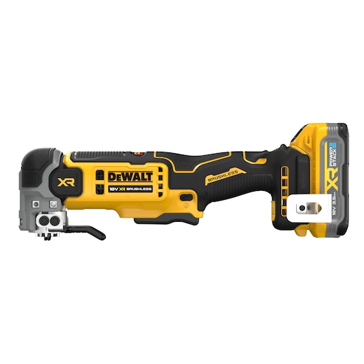 DEWALT 18V XR brushless cordless jigsaw tool with battery, shown in a side profile view.