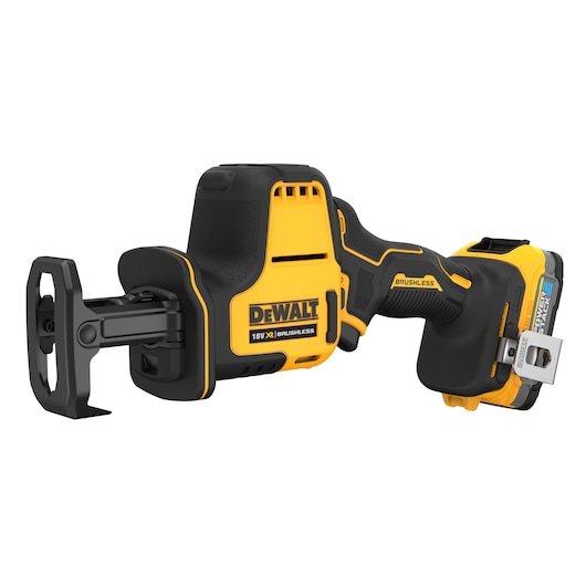 A DEWALT 18V XR cordless brushless reciprocating saw with a yellow and black design, featuring a compact build and an attached battery.