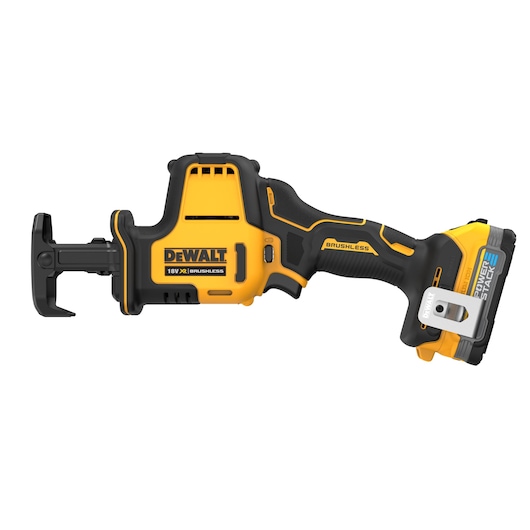 Cordless reciprocating saw from DEWALT, model DCS369E1T, featuring an 18V XR brushless motor and a PowerStack battery.