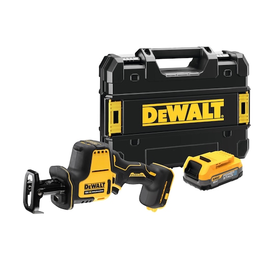 A DEWALT cordless reciprocating saw kit including a yellow and black reciprocating saw, a rechargeable battery, and a sturdy black carrying case with yellow accents.