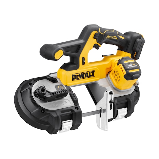 DEWALT DCS378N cordless brushless band saw, featuring a yellow and black design, ergonomic handle, metal cutting blade, and 18V battery pack, designed for cutting metal materials.