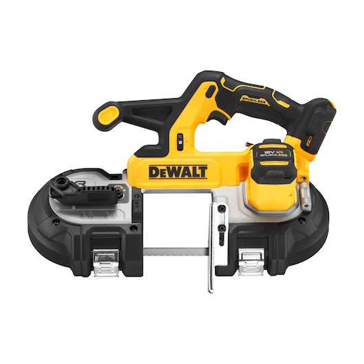 A DEWALT 18V cordless brushless band saw, featuring a yellow and black design, ergonomic handle, and visible blade, suitable for cutting materials in various construction and workshop settings.