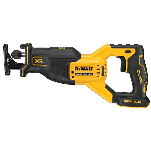 A yellow and black DEWALT cordless reciprocating saw with the model number DCS382N, featuring an 18V XR brushless motor.