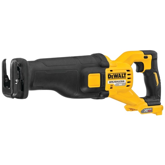 DEWALT DCS389N brushless reciprocating saw with black and yellow body, suitable for heavy-duty cutting tasks.