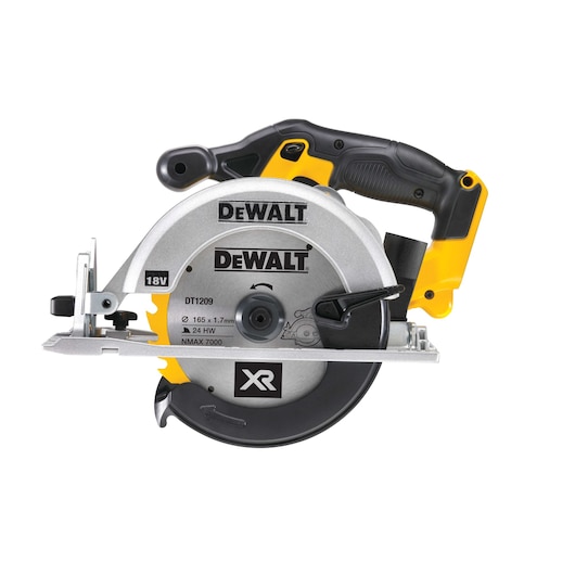 A DEWALT cordless circular saw with a black and yellow handle, silver blade guard, and visible DEWALT branding.
