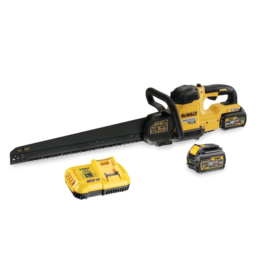 DEWALT cordless saw with long blade, battery, and charger displayed on a white background.