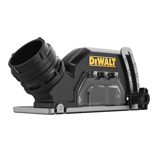 A close-up image of a DEWALT branded black and silver accessory, likely a dust shroud or guard attachment for a power tool, featuring an angled connector and a measurement gauge on the side.