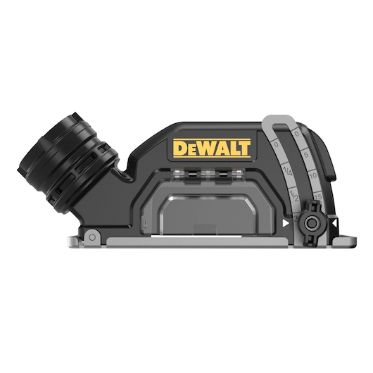 A DEWALT branded black and yellow power tool attachment with a measurement gauge and connector, shown on a white background.