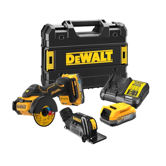 A DEWALT power tool kit including a cordless angle grinder, battery, battery charger, compact tool attachment, and a black and yellow DEWALT carrying case.