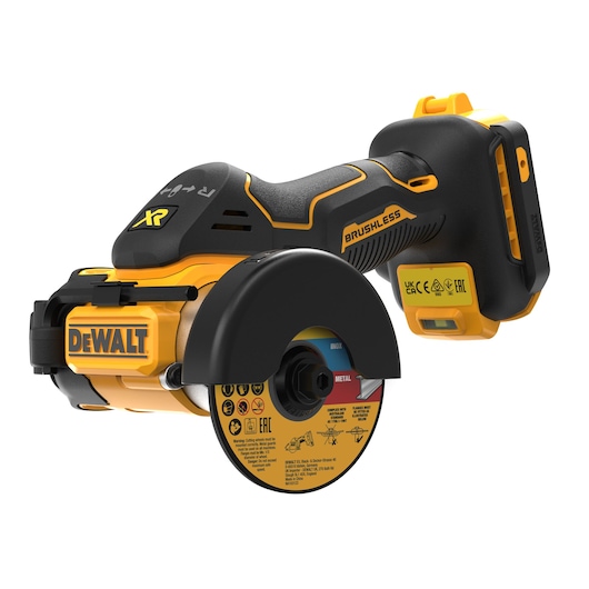 A DEWALT cordless brushless compact cut-off tool with a visible rotating cutting disc, primarily black and yellow in color. The device displays the DEWALT logo and features ergonomic handles.