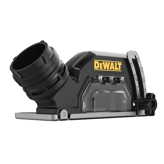 A DEWALT branded attachment or accessory in black and grey, featuring a dust extraction port and adjustment scale, possibly designed for use with power tools.