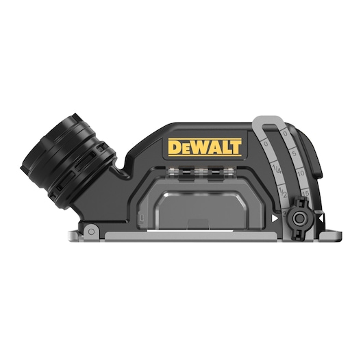 Side view of a DEWALT DCS438N power tool accessory, featuring a black and gray body with a prominent DEWALT logo, adjustment dial, and angled nozzle.