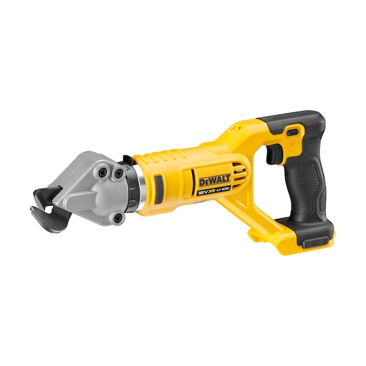 A DEWALT cordless metal shear tool with a yellow and black body, designed for cutting sheet metal. The tool features an ergonomic handle and a sharp cutting head.