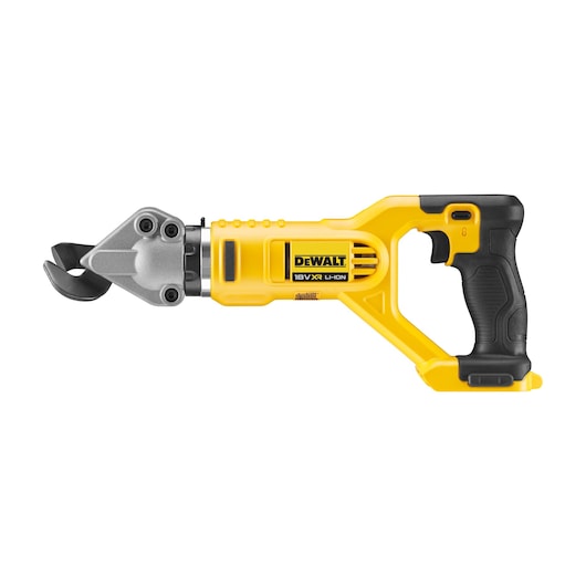 A DEWALT DCS496N 18V cordless yellow and black metal shear tool with ergonomic handle, used for cutting metal sheets.