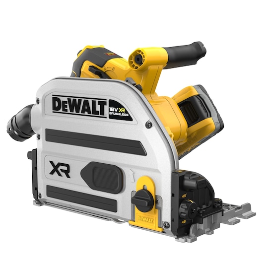 DEWALT 18V XR brushless track saw with ergonomic handle, silver casing and battery pack, photography product.