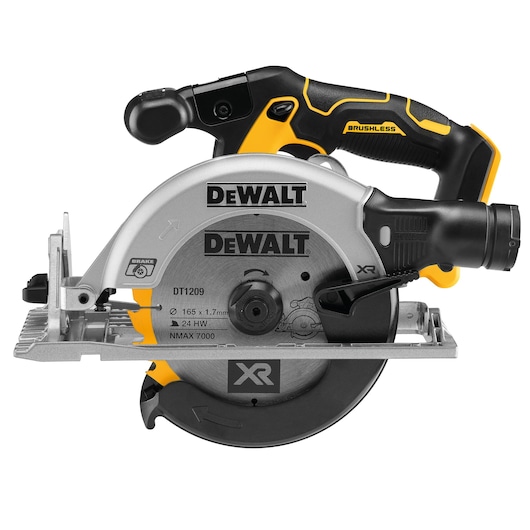 A DEWALT cordless circular saw, model DCS565N, featuring a brushless motor and ergonomic black and yellow design.