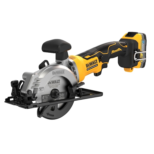 DEWALT cordless compact circular saw with a black and yellow handle, brushless motor, and attached battery pack.