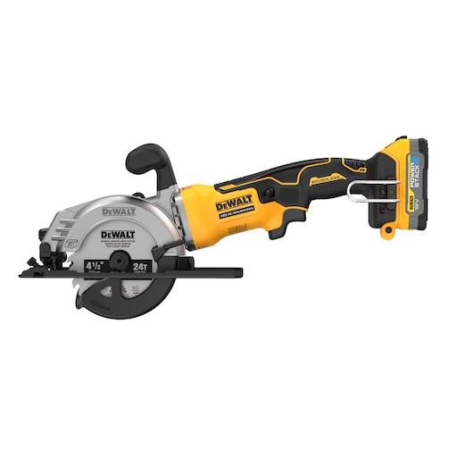 A DEWALT cordless circular saw with a brushless motor, 18V Powerstack battery, yellow and black grip, and a 4-1/2 inch blade.