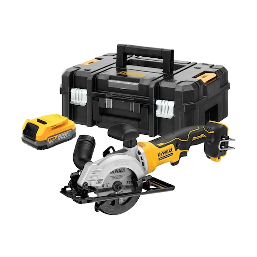A DEWALT cordless mini circular saw set, featuring a yellow and black compact saw, an 18V PowerStack battery, and a sturdy black toolbox with a carrying handle.