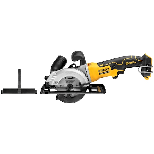 DEWALT cordless circular saw with yellow handle and black grip, shown with blade guard and accessory.