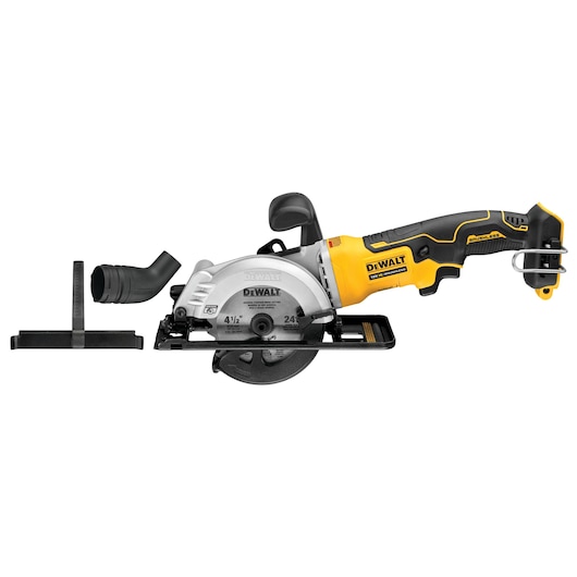 DEWALT cordless circular saw with yellow handle and accessories against a white background.