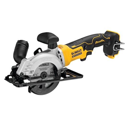 DEWALT cordless mini circular saw with ergonomic handle and blade guard, suitable for wood and metal cutting.