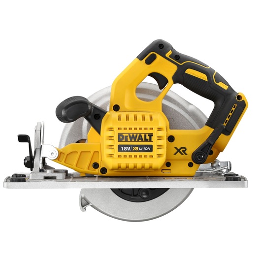 Yellow DEWALT 18V cordless circular saw with black accents, blade, and ergonomic handle.