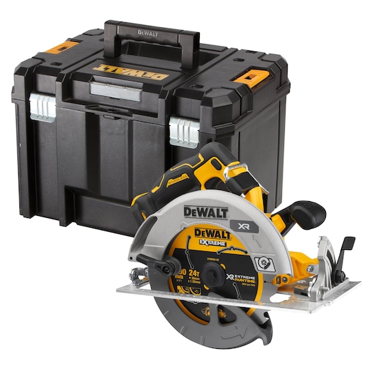 A DEWALT cordless circular saw with a silver blade, yellow and black handle, and a black sturdy carrying case placed behind it.