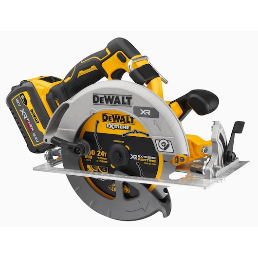 A DEWALT DCS573T1 cordless circular saw with Extreme Runtime XR branding. The saw is yellow and black, featuring a brushless motor and a 18V XR FLEXVOLT lithium battery. Designed for heavy-duty cutting with a silver blade guard and ergonomic handle.