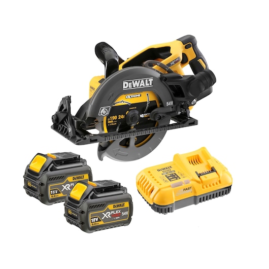 DEWALT cordless circular saw set including a 54V XR FLEXVOLT circular saw, two rechargeable batteries, and a fast charger. The tools are yellow and black with clear DEWALT branding.