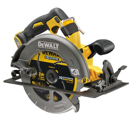 DEWALT cordless circular saw with yellow and black design, ergonomic grip, and visible blade guard.