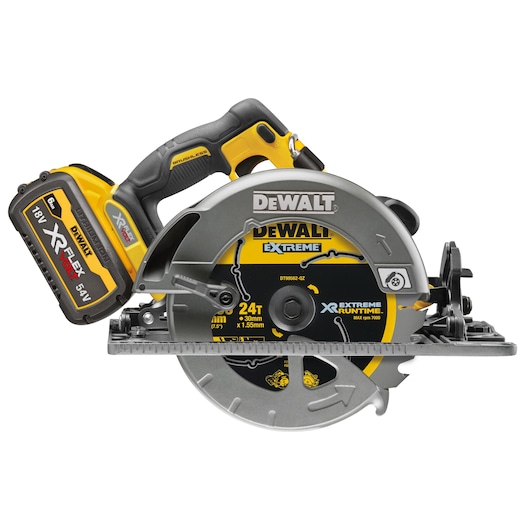 DEWALT cordless circular saw with XR FlexVolt battery, model DCS579T2, shown from the side.