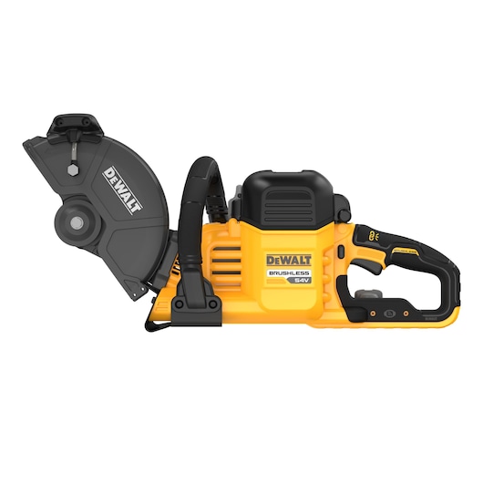 A DEWALT cordless brushless 54V cut-off saw with a black and yellow design, featuring a large blade guard and ergonomic handle, viewed from the side against a white background.